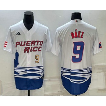 Men's Puerto Rico Baseball #9 Javier Baez Number White 2023 World Baseball Classic Stitched Jerseys