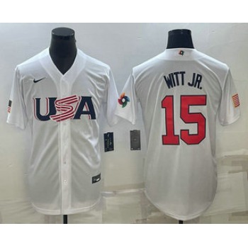 Men's USA Baseball #15 Bobby Witt Jr Number 2023 White World Baseball Classic Replica Stitched Jersey1