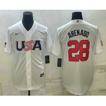 Men's USA Baseball #28 Nolan Arenado 2023 White World Baseball Classic Replica Stitched Jersey