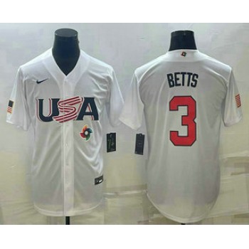 Men's USA Baseball #3 Mookie Betts 2023 White World Baseball Classic Replica Stitched Jerseys