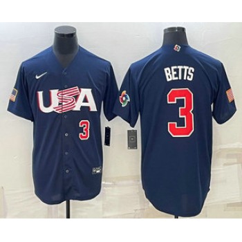 Men's USA Baseball #3 Mookie Betts Number 2023 Navy World Baseball Classic Stitched Jerseys