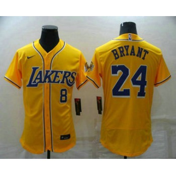 Men's Los Angeles Lakers Front #8 Back #24 Kobe Bryant Yellow Cool Base Stitched Baseball Jersey