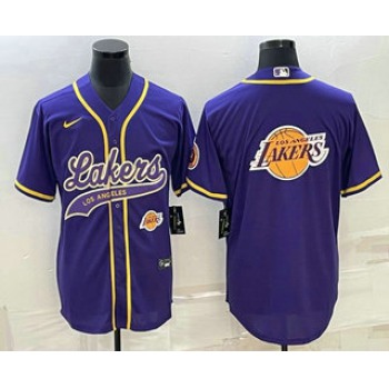 Men's Los Angeles Lakers Purple Team Big Logo With Patch Cool Base Stitched Baseball Jersey